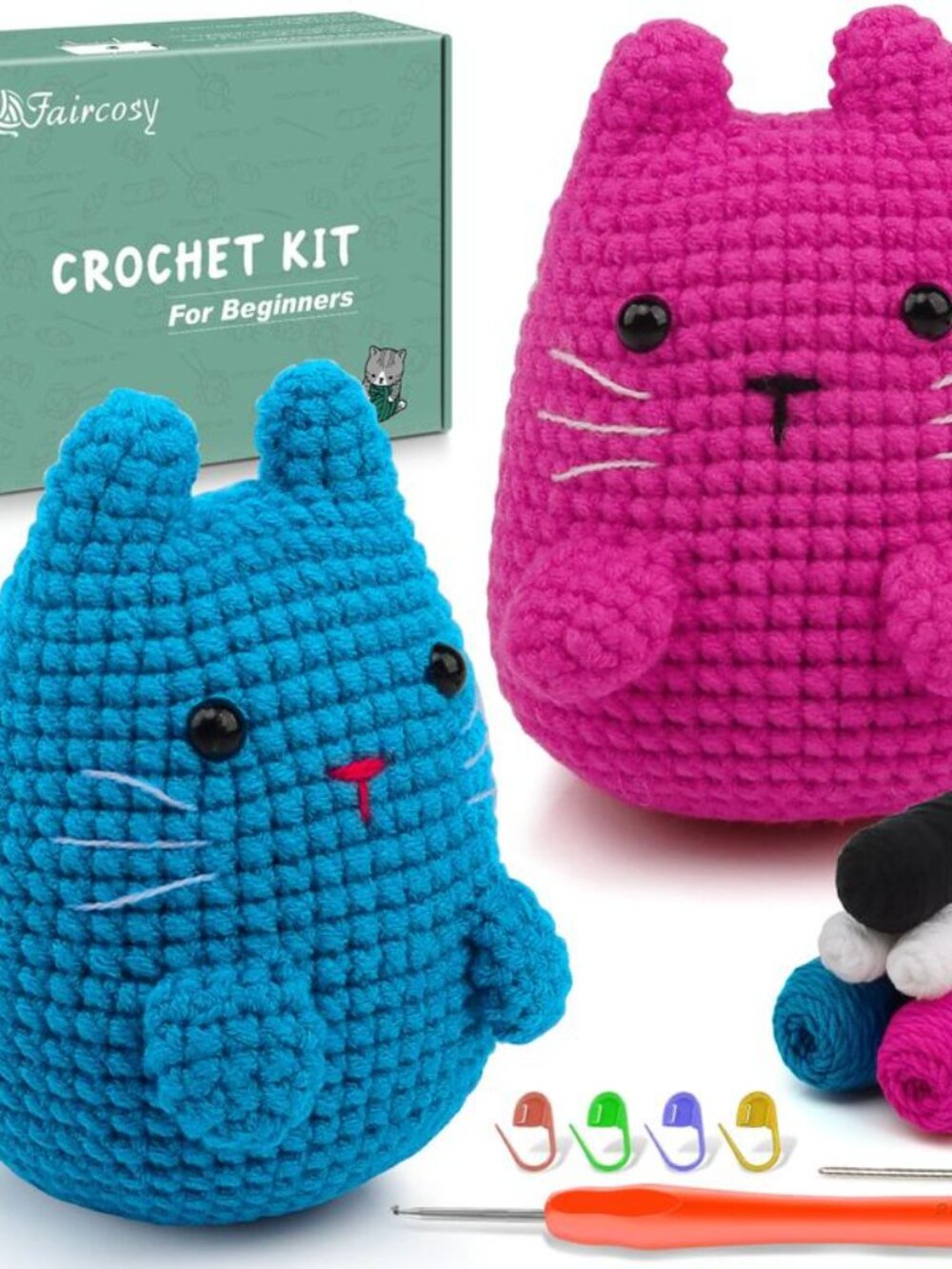 NWT Crochet Kit For Beginners Amigurumi Cat Pink & Blue with Stuffing | Faircosy